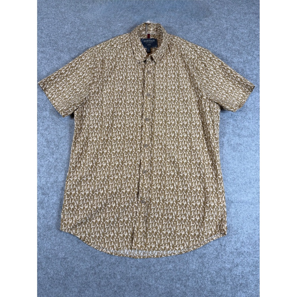 Heritage Report Collection Shirt Mens Medium Tan Giraffe Print Stretch Excellent